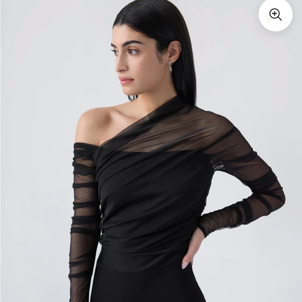 Elegant Black One-Shoulder Dress with Sheer Sleeve - Picture 5 of 8